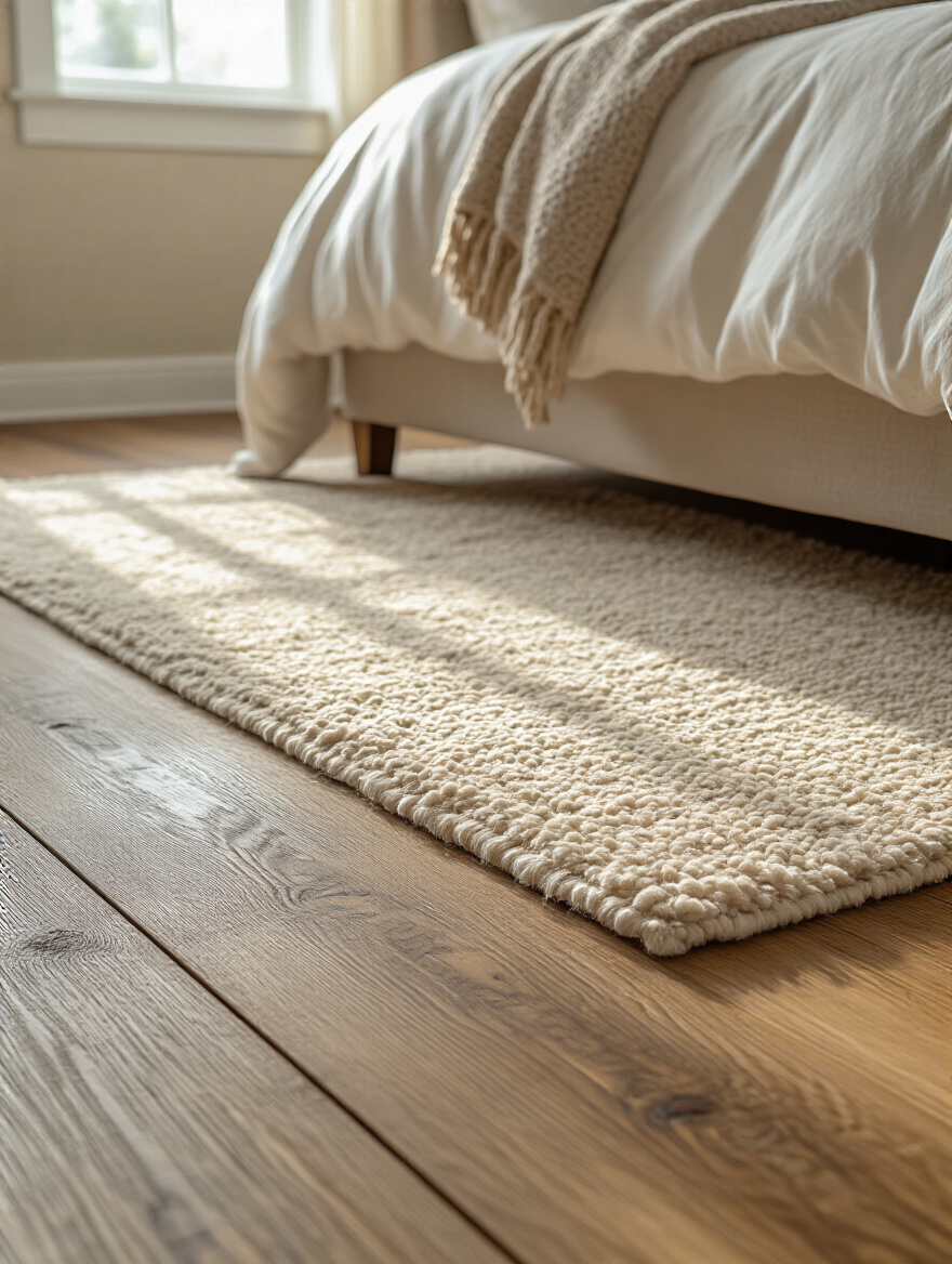A cozy farmhouse bedroom featuring either warm, wide-plank hardwood flooring or a plush cream-colored area rug under the bed, enhancing comfort and style.