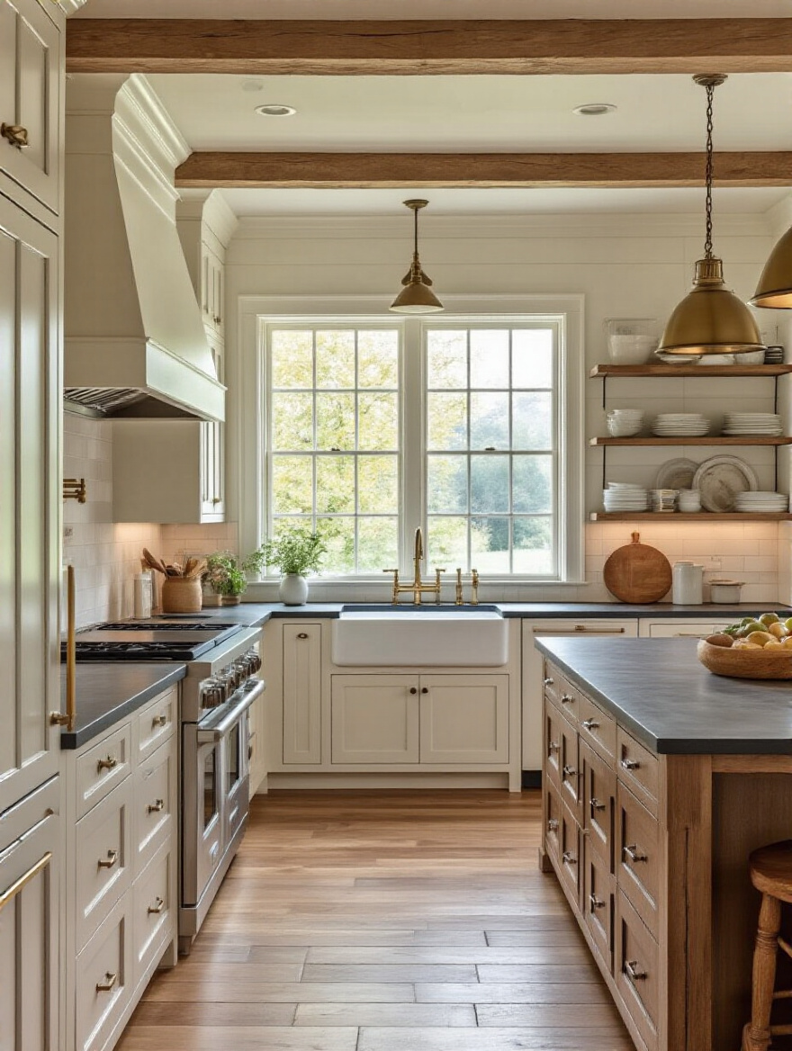 Portrait view of a farmhouse kitchen with optimized layout, clear work zones, and warm lighting.