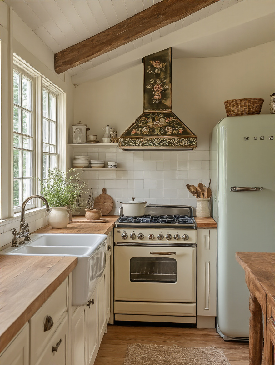 A professional photo of a cottage kitchen featuring an optimized work triangle with a farmhouse sink, vintage range, and refrigerator strategically placed for efficient flow.