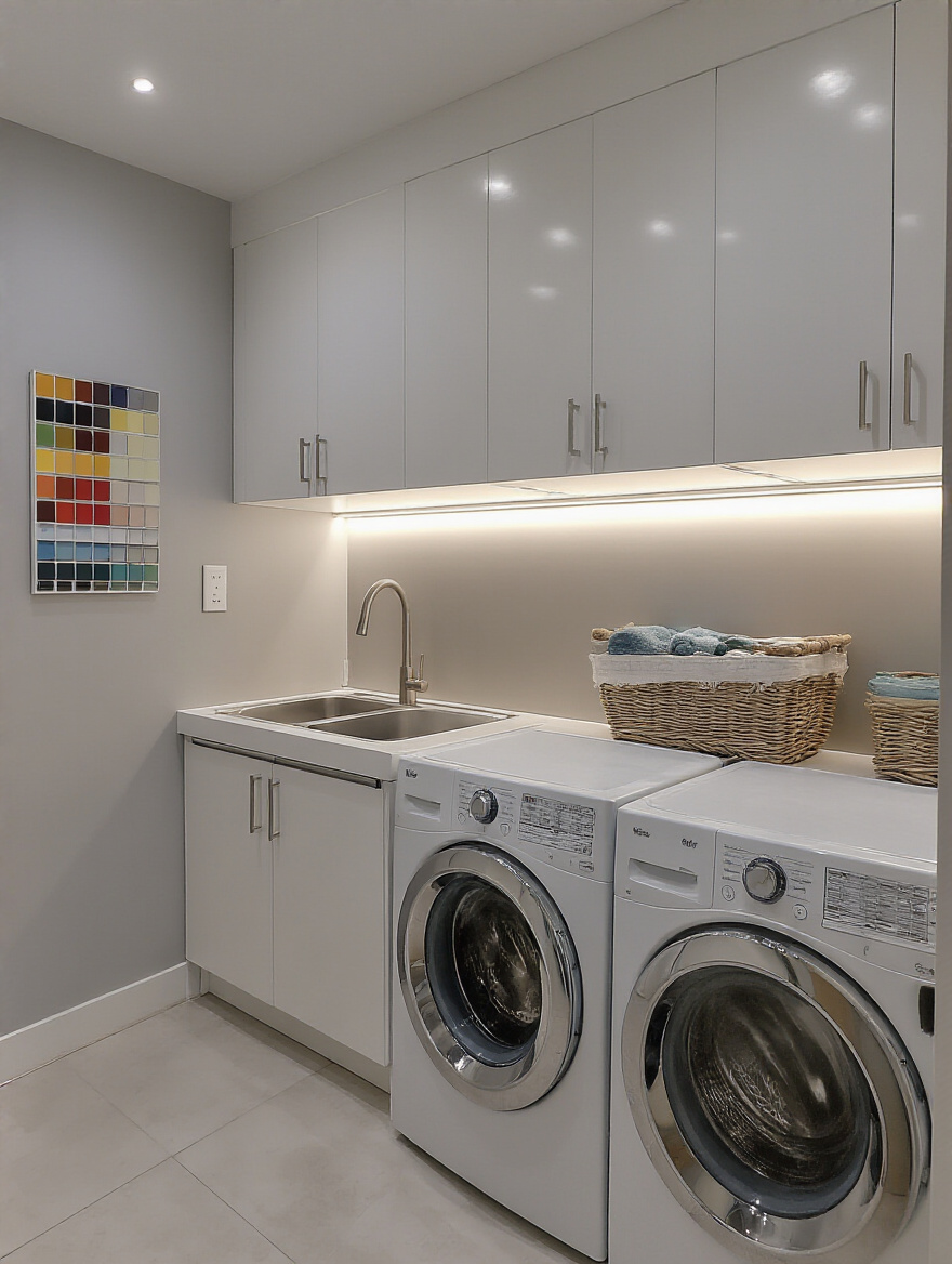 Portrait of a laundry room with layered lighting highlighting true hues