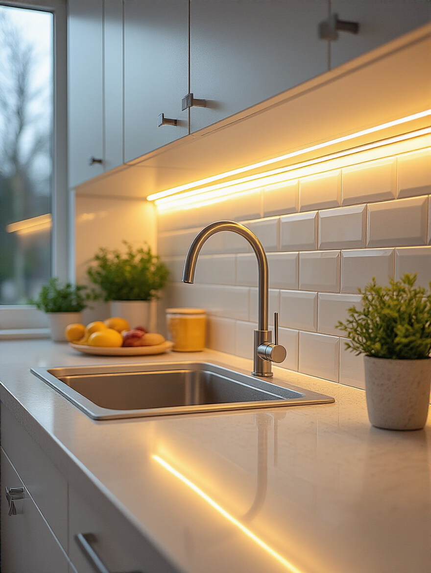 A modern kitchen interior with bright under-cabinet LED lighting illuminating a white quartz countertop and a budget-friendly ceiling flush mount fixture providing ambient light.