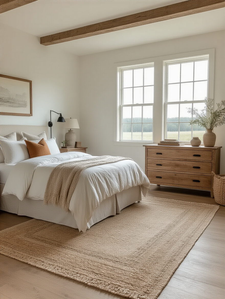 A beautifully optimized farmhouse bedroom interior featuring a spacious layout with clear pathways, a strategically placed bed, abundant natural light, and an enhanced sense of flow and openness.