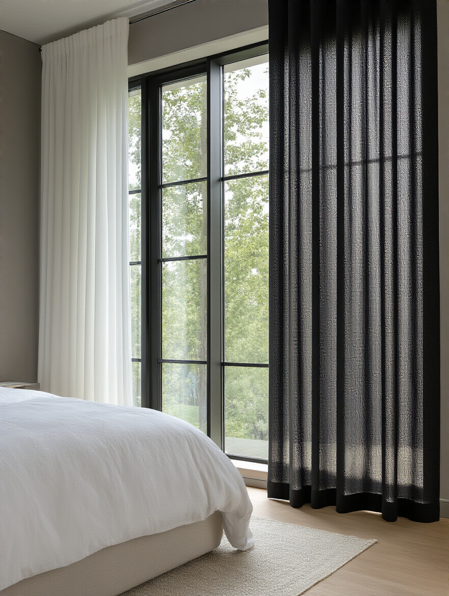 Modern bedroom with layered window treatments featuring sheer and blackout drapes.