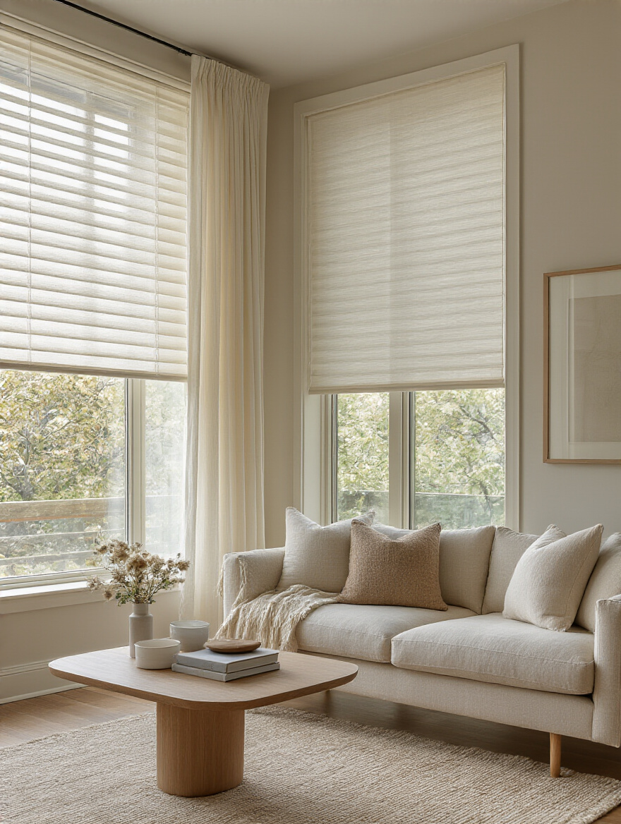 Vertical living room window treatment with layered blinds and drapes