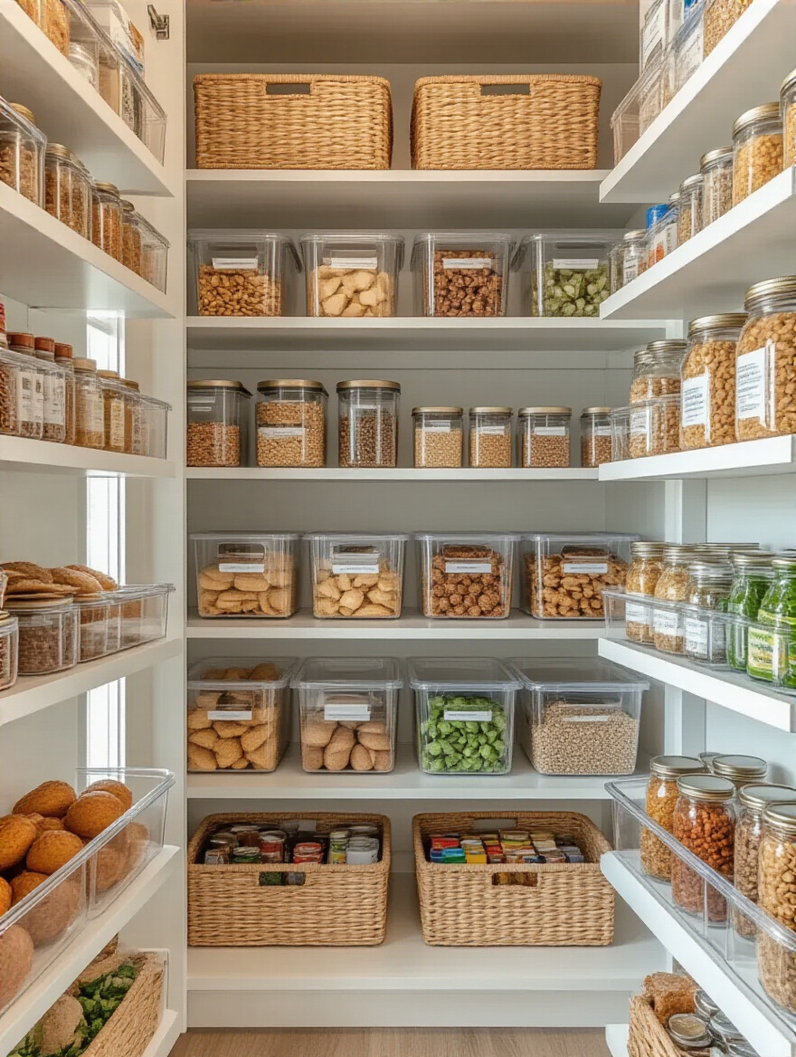 Neatly organized kitchen pantry with clear bins and labeled shelves, showcasing a functional and aesthetically pleasing storage solution.