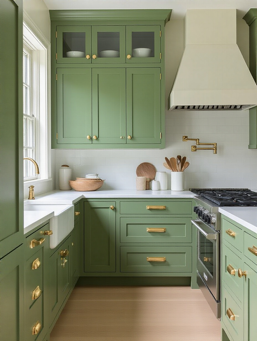 Portrait close-up of brushed brass hardware on emerald green cabinets