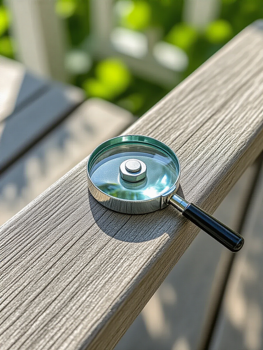 Close-up of a sturdy wooden Adirondack chair's stainless steel hardware, showcasing a secure bolt connection, under inspection for structural integrity and safety on a well-maintained porch.