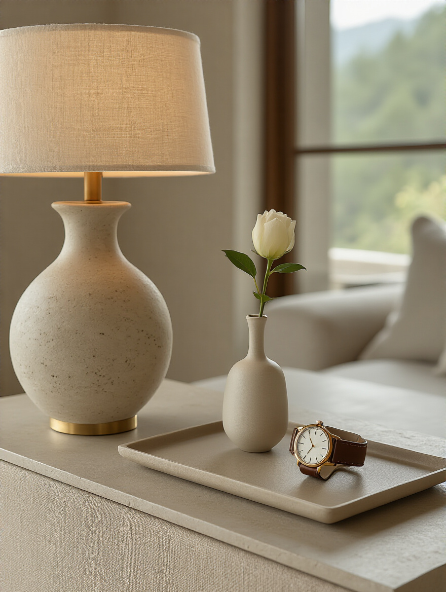 Modern bedroom with a curated, minimal accessory vignette on a dresser