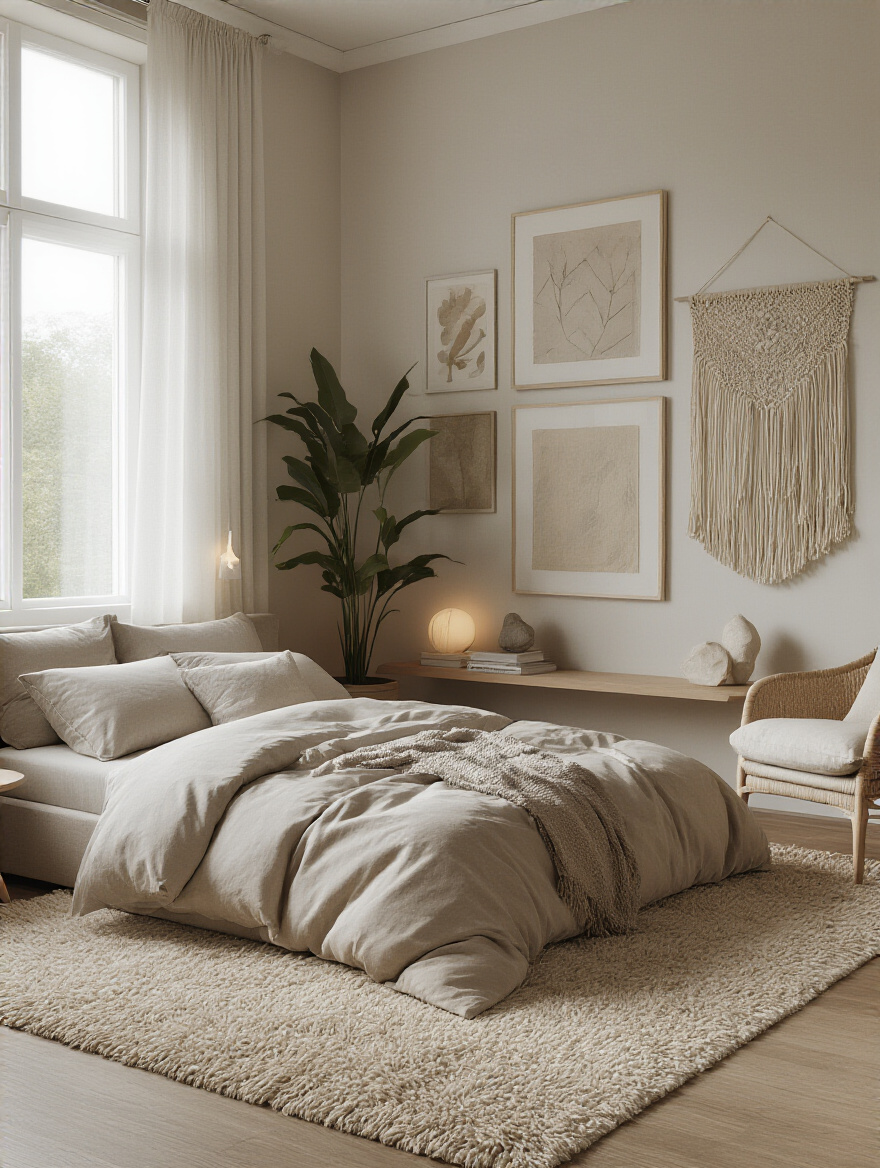 Portrait-style bedroom scene with gallery wall and curated decor reflecting a personal narrative