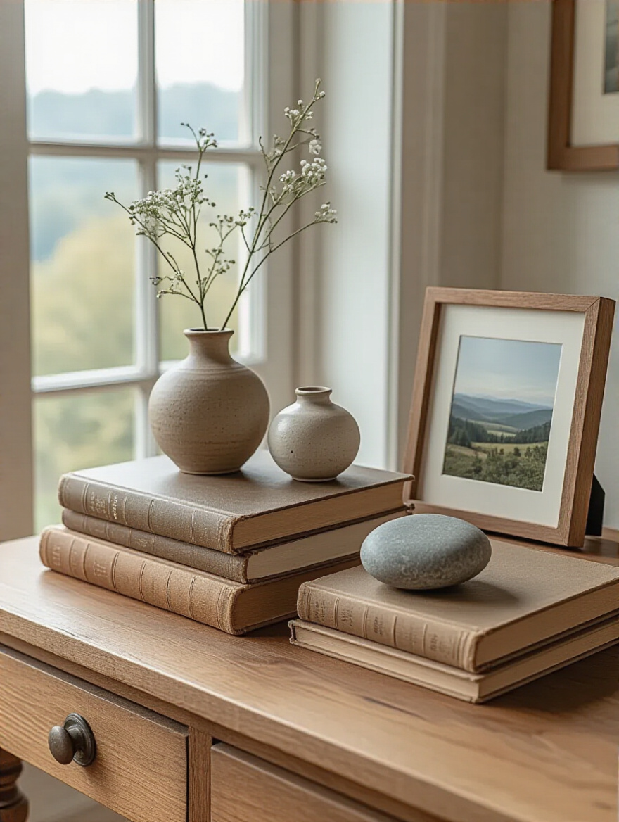 A beautifully arranged console table in a living room showcasing a display of meaningful living room decor, including vintage books, a delicate ceramic vase, a polished stone, and a framed personal photograph, illuminated by soft window light.