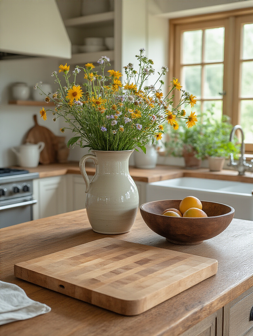 Farmhouse kitchen island decorated with a vintage stoneware pitcher, fresh wildflowers, a wooden fruit bowl, and a rustic cutting board, showcasing unique island accessories and decorative accents for personalization.