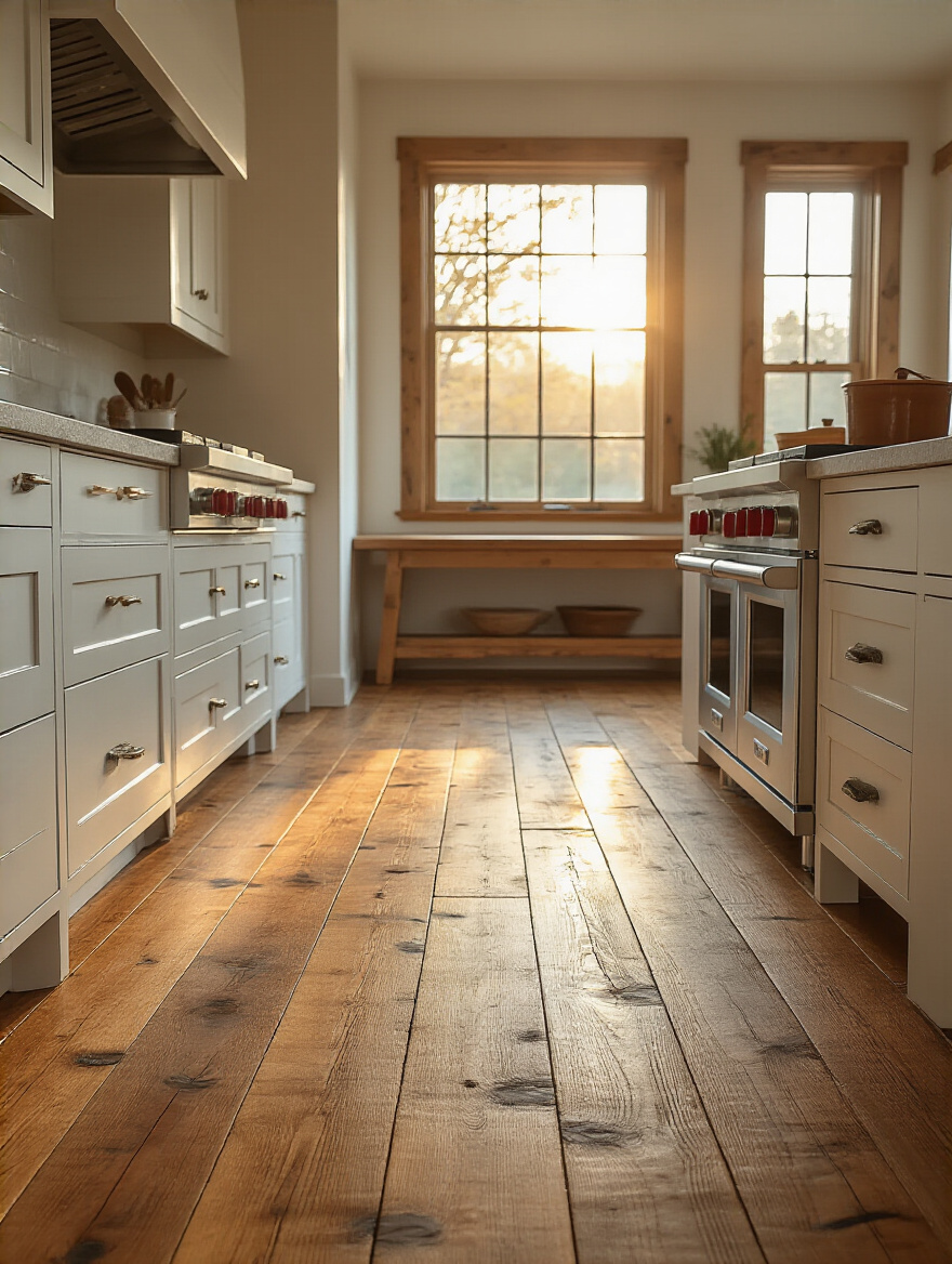 Rustic wide-plank flooring in a warm farmhouse kitchen