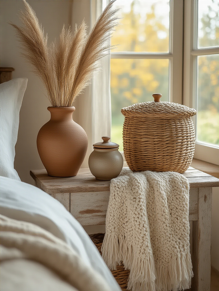 Rustic bedroom interior featuring a decorative arrangement of handmade pottery and woven seagrass baskets on a wooden nightstand, used for cozy storage of blankets and small items. Soft lighting highlights natural textures.
