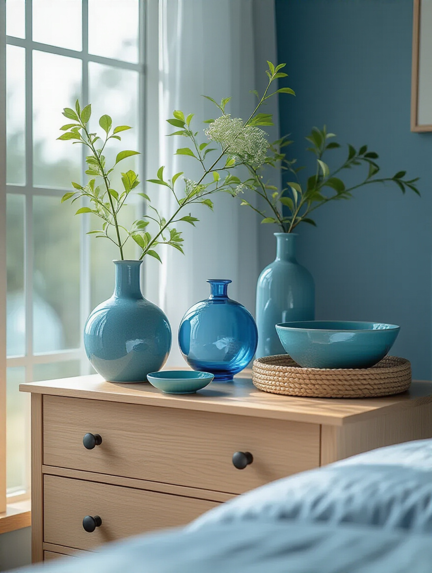 Portrait of a serene blue bedroom with strategically placed blue decor accessories on surfaces and shelves