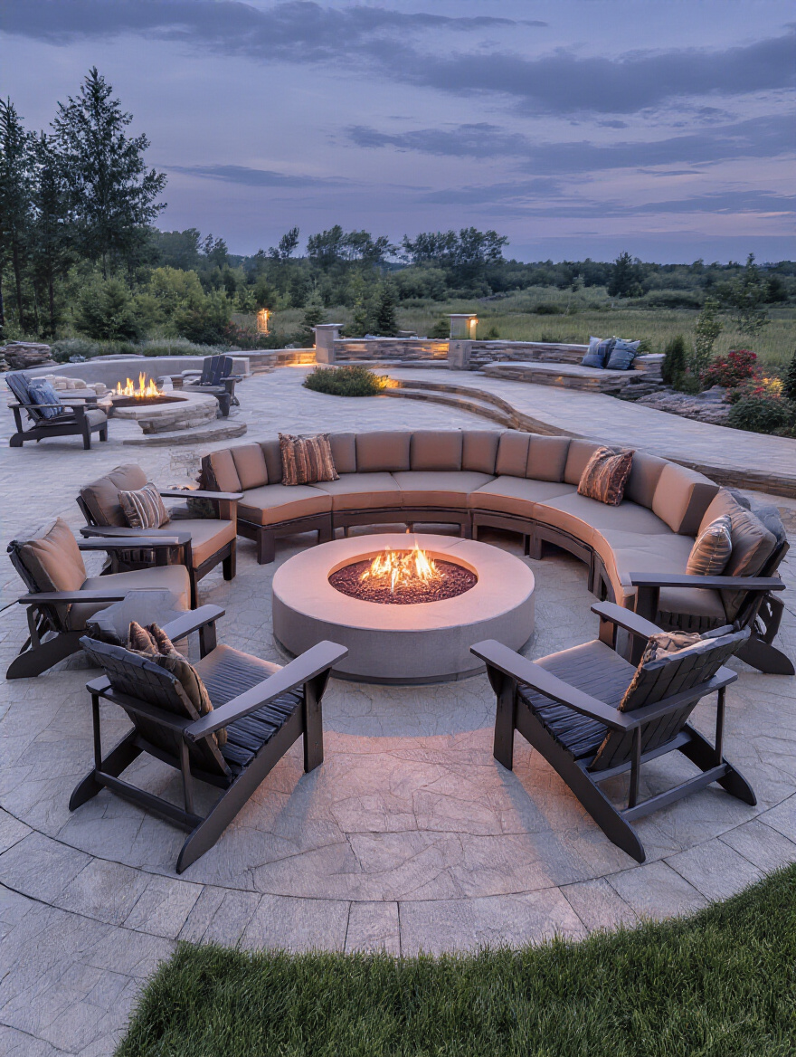 Well-arranged firepit area with a circular gas firepit surrounded by comfortable Adirondack chairs and a curved outdoor sectional, showing ample, safe spacing for outdoor entertaining.