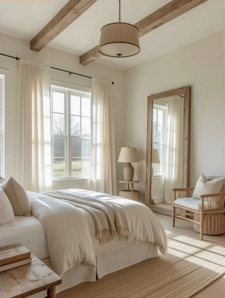 A bright farmhouse bedroom with a large window, sheer curtains, natural light streaming in, and layered artificial lights, including a rustic chandelier and bedside lamps, reflecting in a mirror.