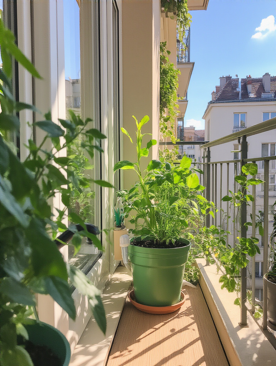 An illustration of easy balcony irrigation setup, showing a small hose extending from a discreet water source, possibly a kitchen tap through a balcony door, to potted plants on a sunny urban balcony. The focus is on accessible and convenient water connection for efficient plant watering.