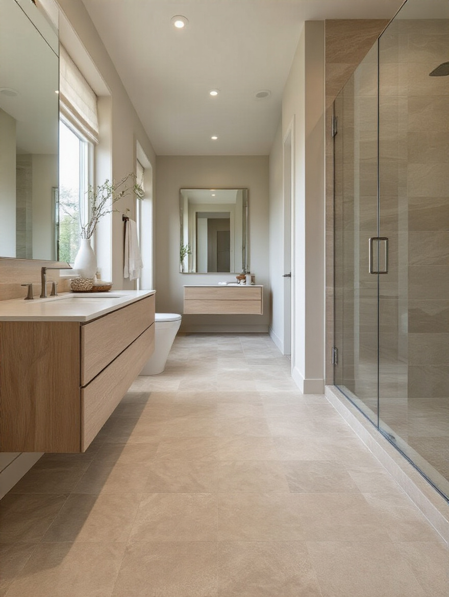 A modern bathroom featuring stylish slip-resistant porcelain tiles for enhanced safety and future accessibility. The textured floor seamlessly transitions into a walk-in shower.