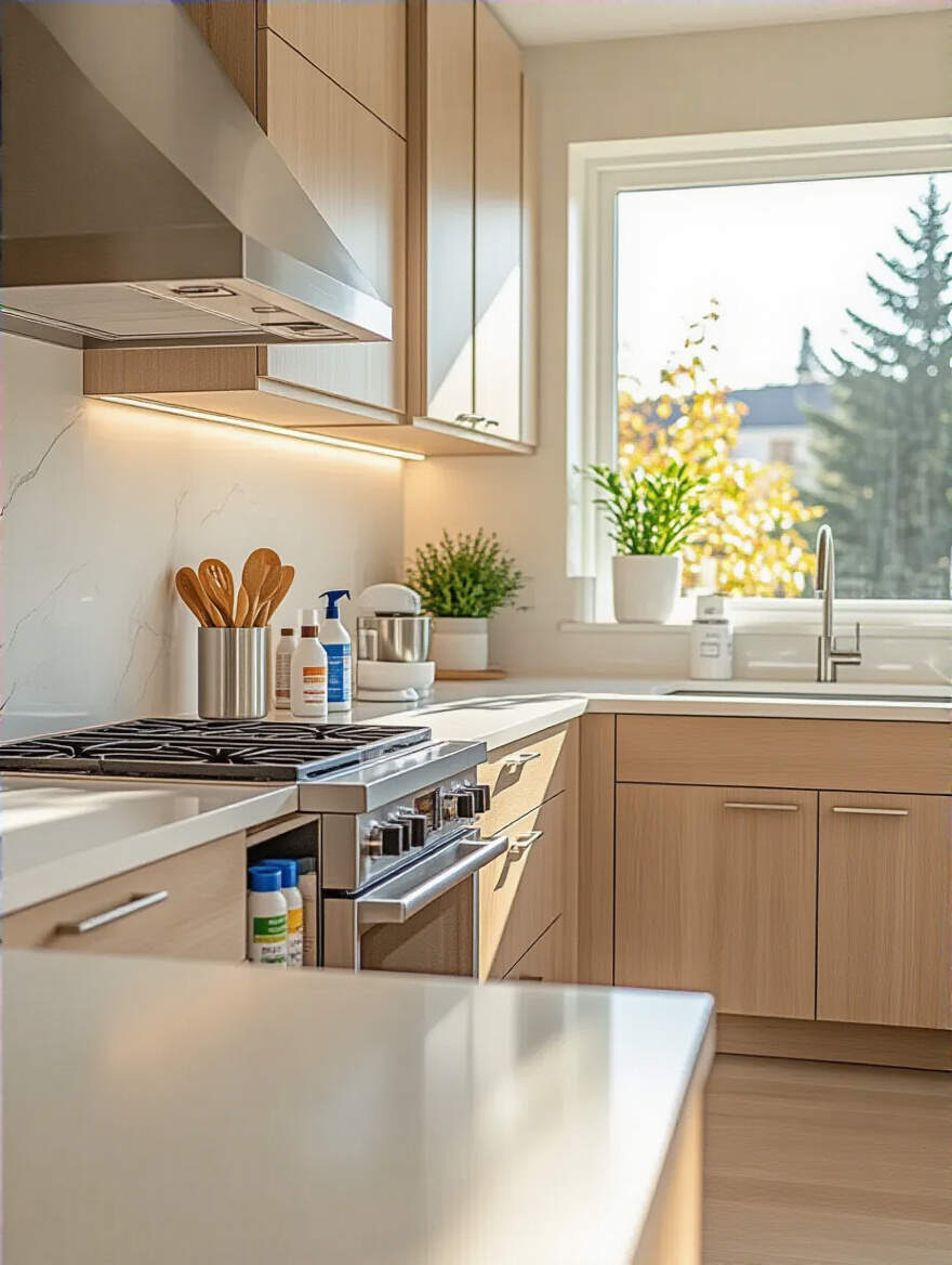 A pristine modern kitchen with quartz countertops and stainless steel appliances, reflecting cleanliness and well-maintained surfaces, symbolizing long-term care and investment protection.