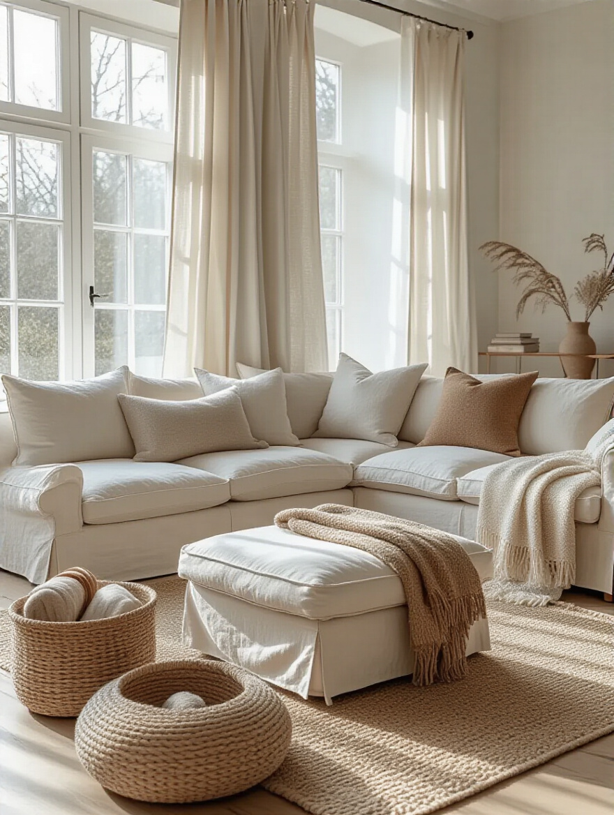 A versatile living room designed for seasonal layout adjustments, showing a comfortable sofa, soft lighting, and adaptable decor ready for change.