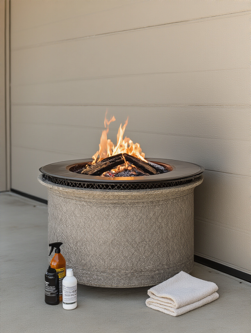 A clean firepit partially covered with a heavy-duty, dark grey weatherproof cover, placed in a tidy garage, signifying careful firepit winterization and preparation for storage.