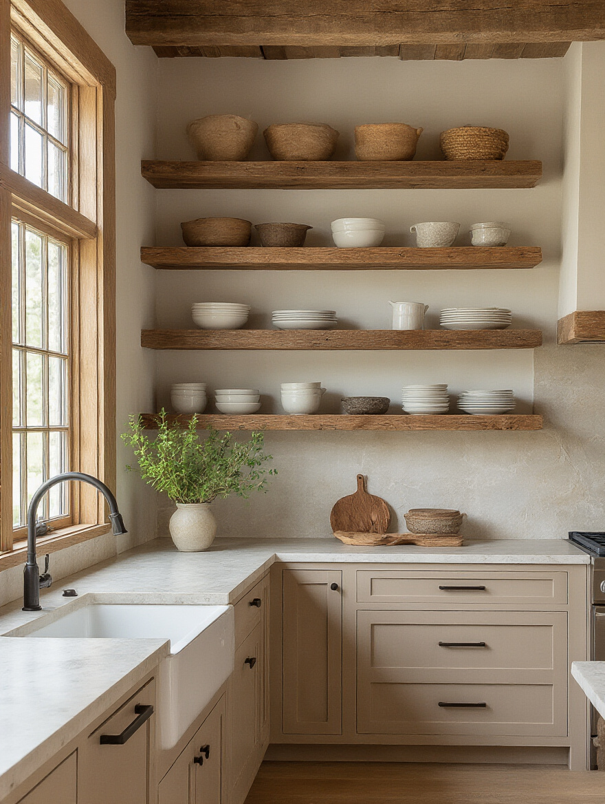 Portrait of a farmhouse kitchen highlighting sustainable materials like reclaimed wood shelves and quartz countertops
