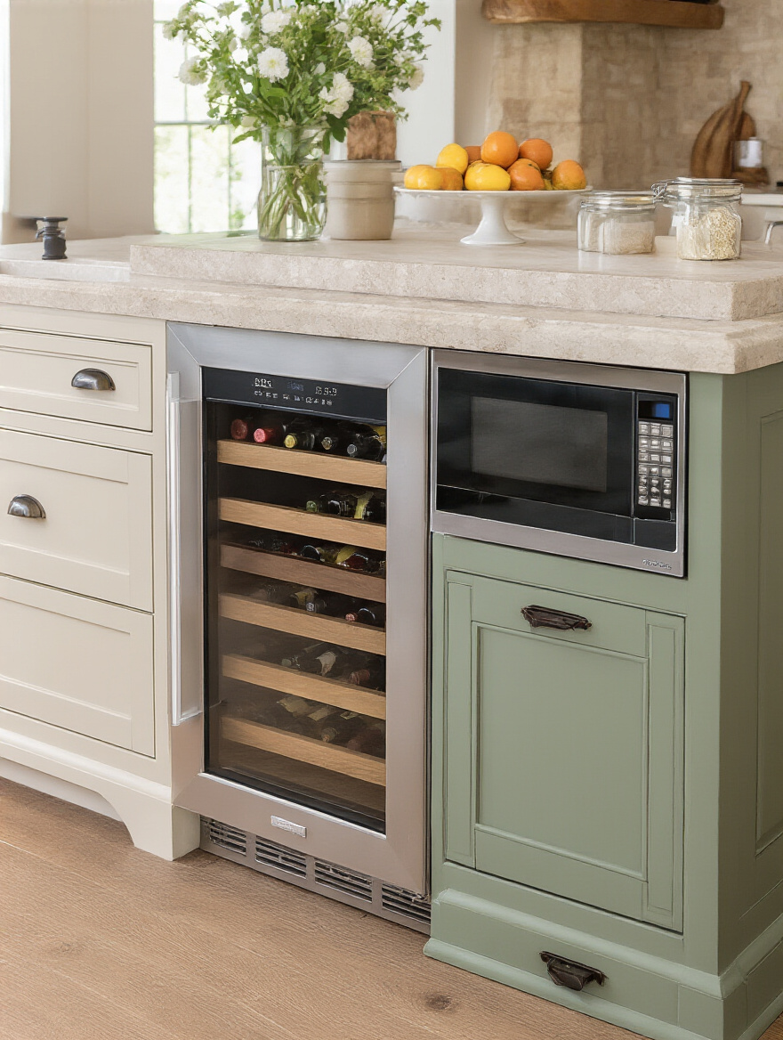 Farmhouse kitchen island with integrated paneled wine chiller, drawer microwave, and mini-fridge, showing seamless smart appliance integration.