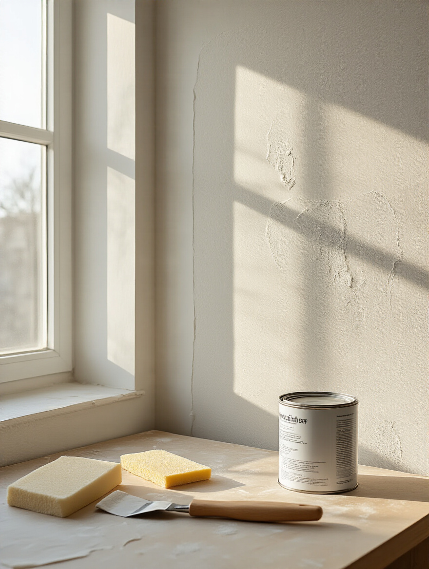 Primed and patched bedroom wall ready for painting with tools on a tidy table