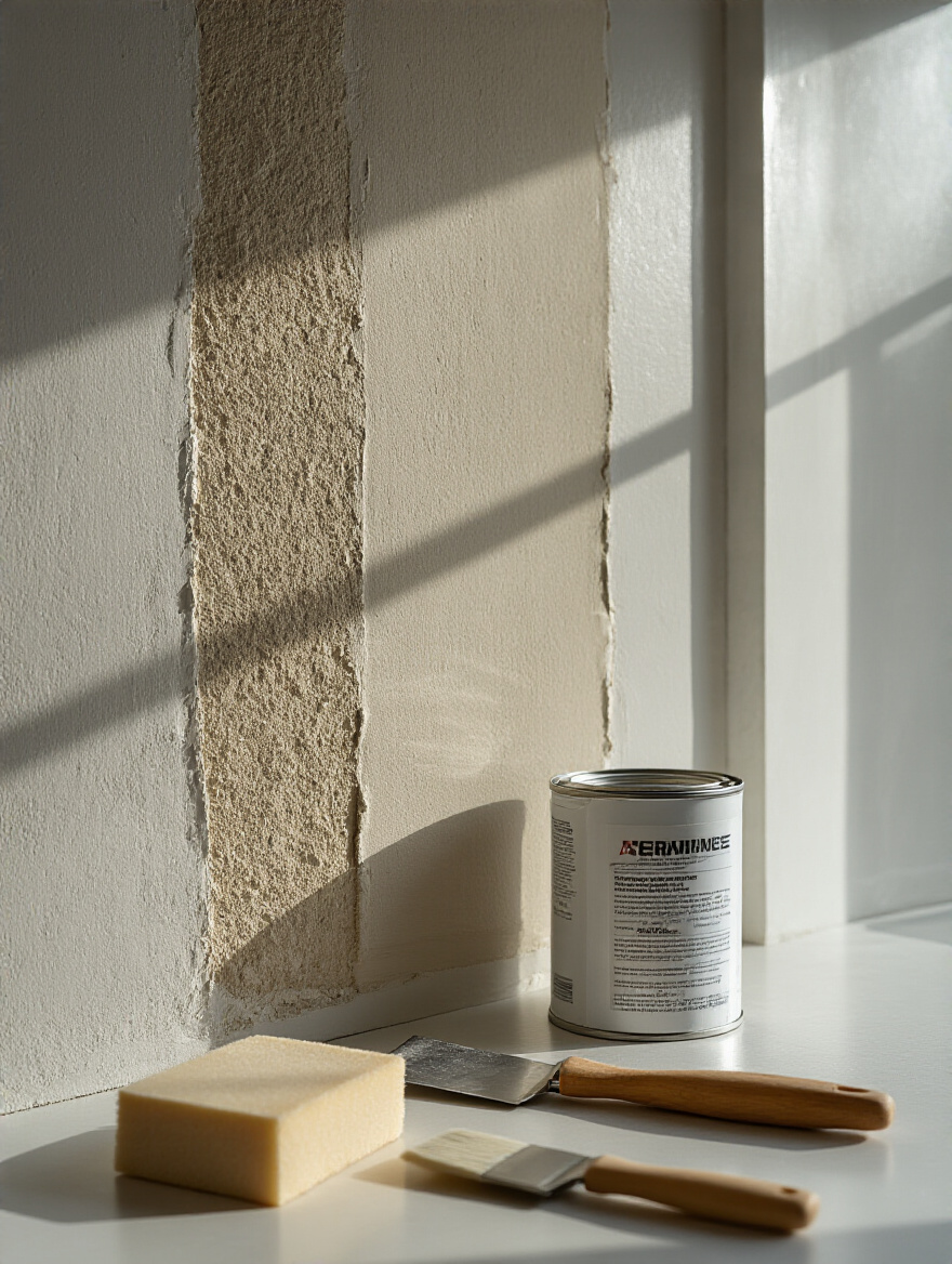 Vertical portrait of a kitchen wall prepped for wallpaper with patched areas and primer