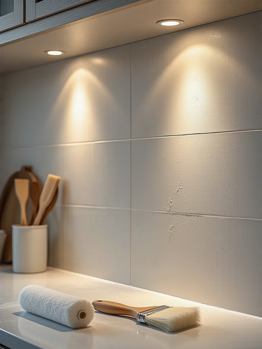 Close-up of a meticulously cleaned and primed kitchen wall surface, perfectly prepped for a new backsplash installation. The smooth, even texture is highlighted by soft lighting, indicating thorough wall preparation for backsplash adhesion and longevity.