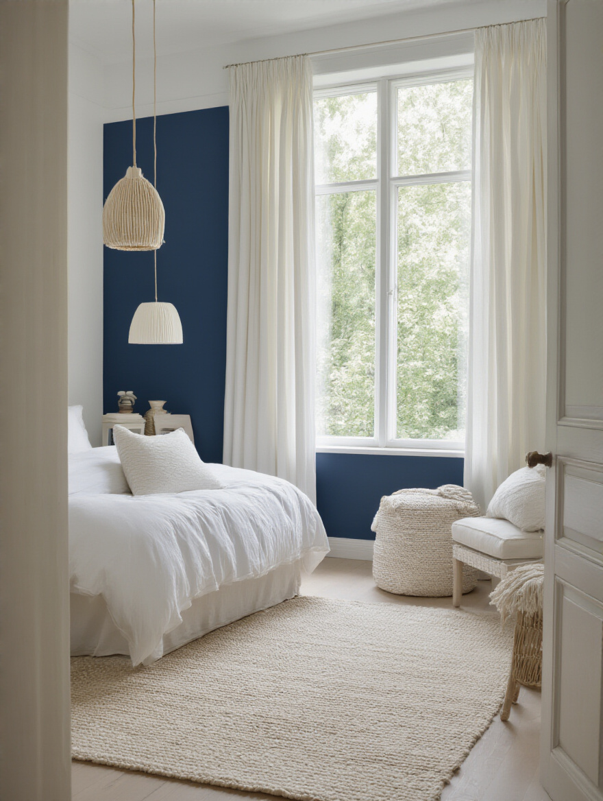 Blue bedroom with white breathing space and textiles