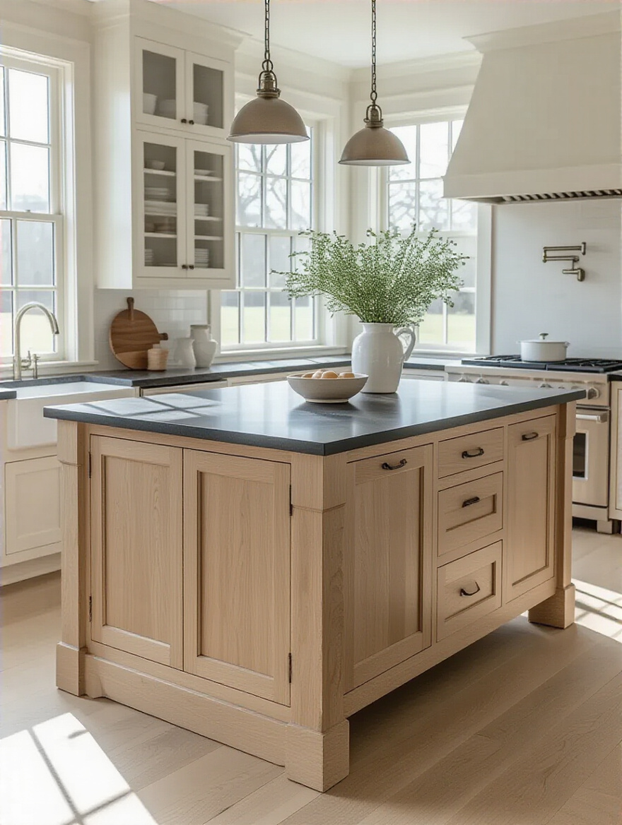 A pristine farmhouse kitchen island with solid white oak base, shaker-style panels, and a honed black granite countertop, representing timeless design and avoidance of common mistakes. Bright kitchen, natural light, no people.