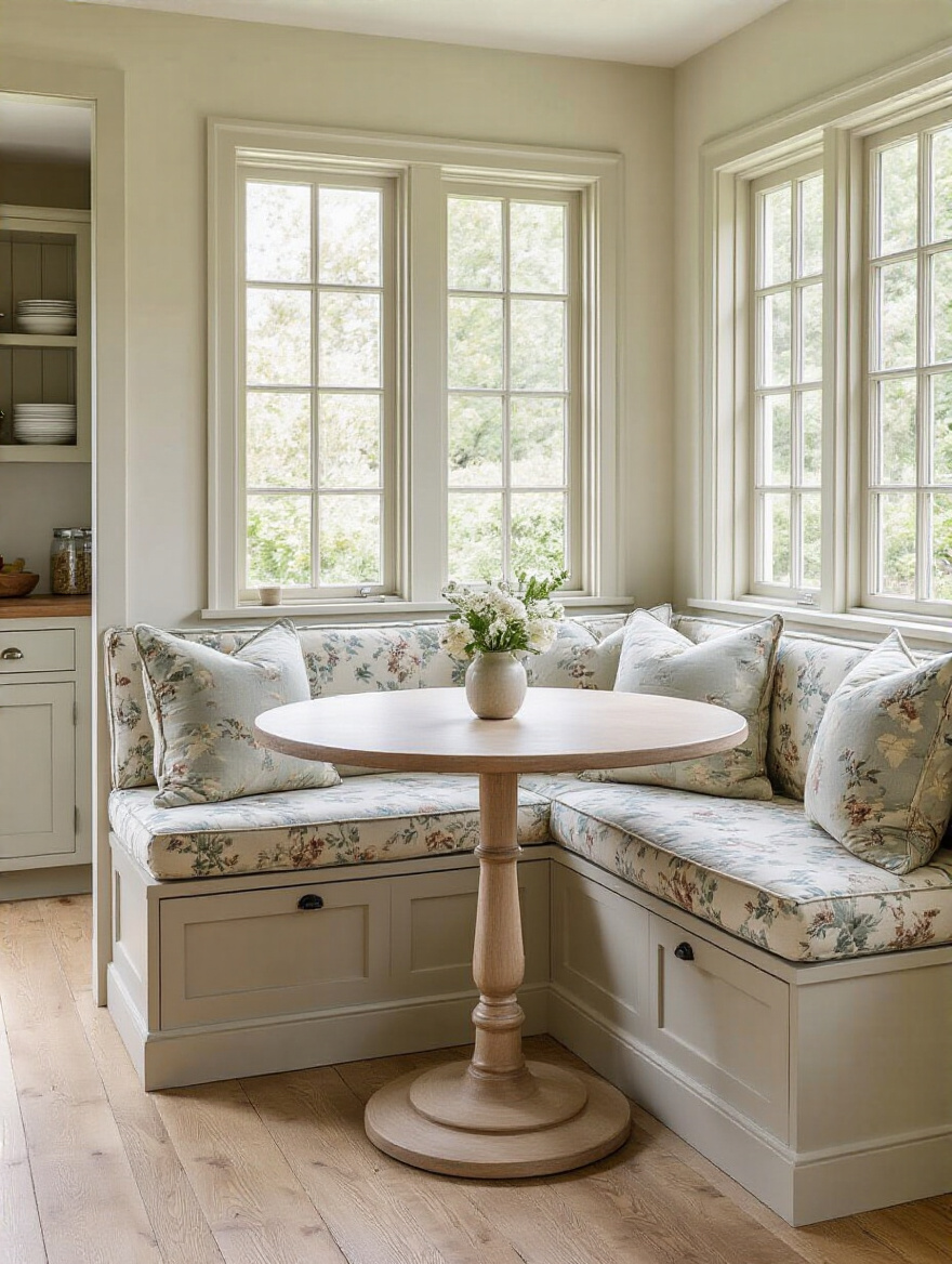 Cozy L-shaped banquette with round table and plush cushions in a sunlit cottage kitchen, demonstrating thoughtful seating area for comfort and function.