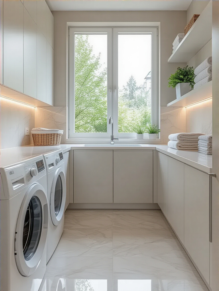 Portrait of a laundry room showing non-porous, easy-to-clean surfaces and vibrant color