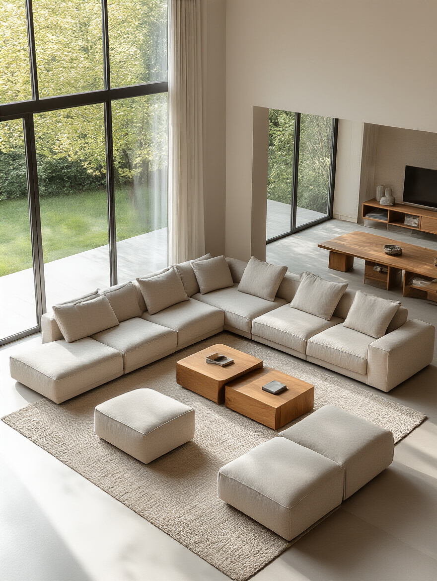 A contemporary living room with a large, L-shaped modular sofa in light gray, accompanied by wooden nesting coffee tables and a multi-functional ottoman, illustrating reconfigurable furniture.