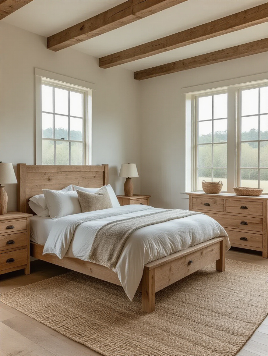 A serene farmhouse bedroom featuring furniture made from natural, unfinished wood, including a bed frame, nightstands, and a dresser, highlighting rustic warmth and organic textures.