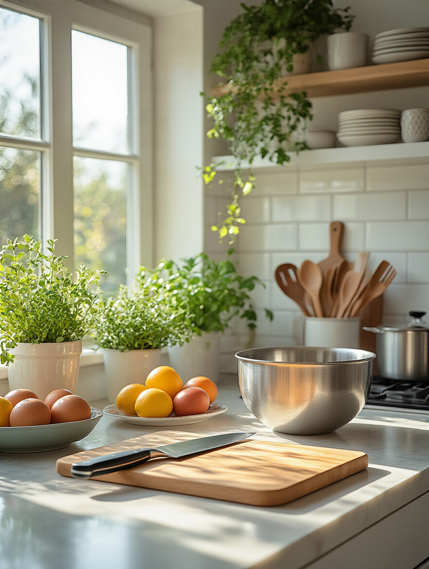Organized modern kitchen countertop illustrating essential items brightly lit on one side, and decorative items subtly placed on the other, symbolizing prioritization of needs over wants in a budget kitchen remodel.