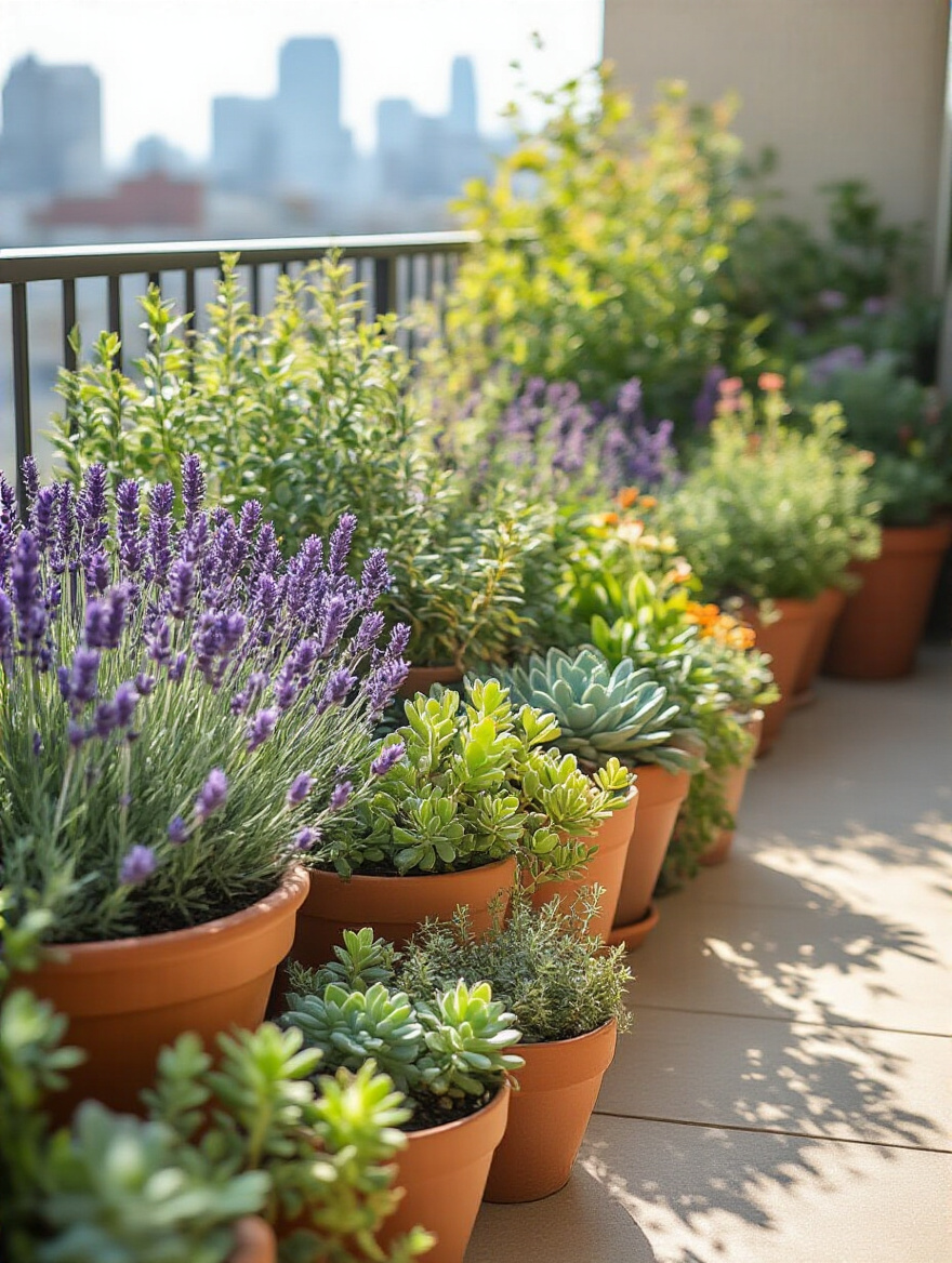 A low-maintenance balcony garden featuring thriving drought-tolerant plants like succulents, lavender, and sedums in terracotta pots. The sunny urban balcony exemplifies easy care.