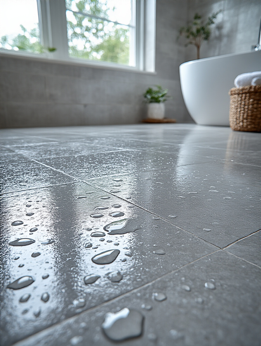 Water-resistant porcelain tile bathroom floor with water droplets, showing durability and safety.