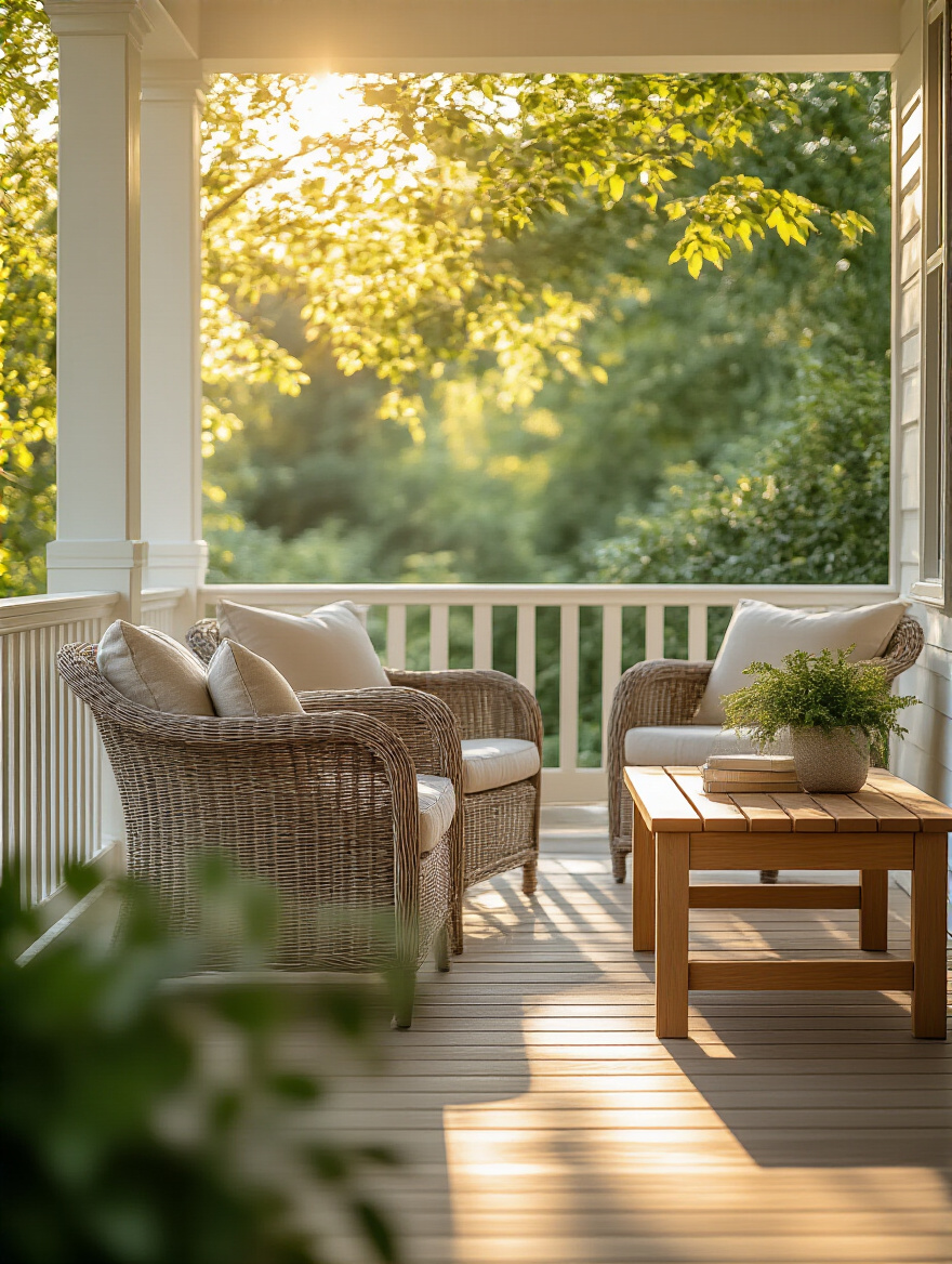 Close-up of elegant porch furniture crafted from synthetic wicker, polywood, and teak, showing weather-resistant properties. Sunlit porch setting with durable materials.