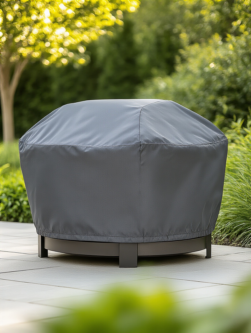 A modern firepit with a fitted, durable charcoal gray cover on a paver patio, surrounded by green plants, protecting it from weather.