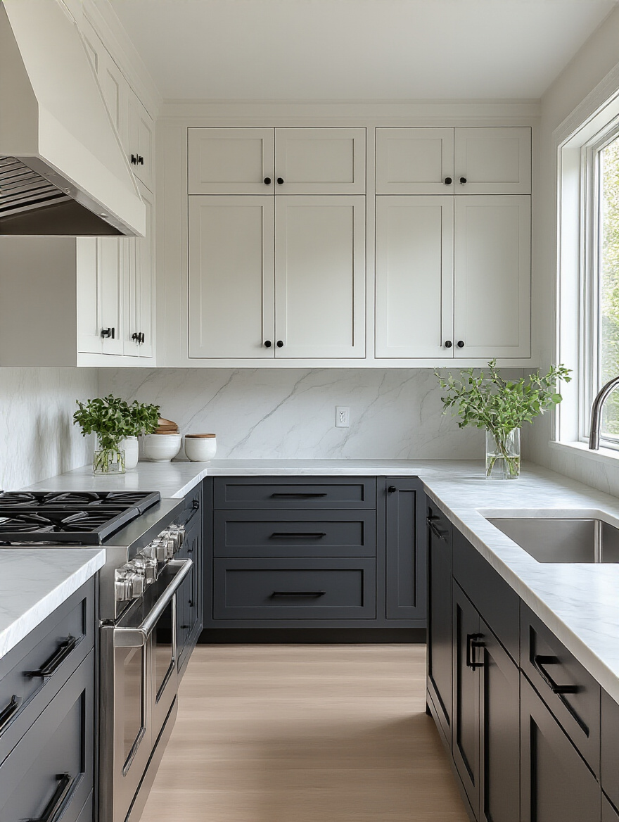 Modern kitchen with professionally repainted charcoal grey and white cabinets, updated with new hardware, showcasing an affordable kitchen remodel.