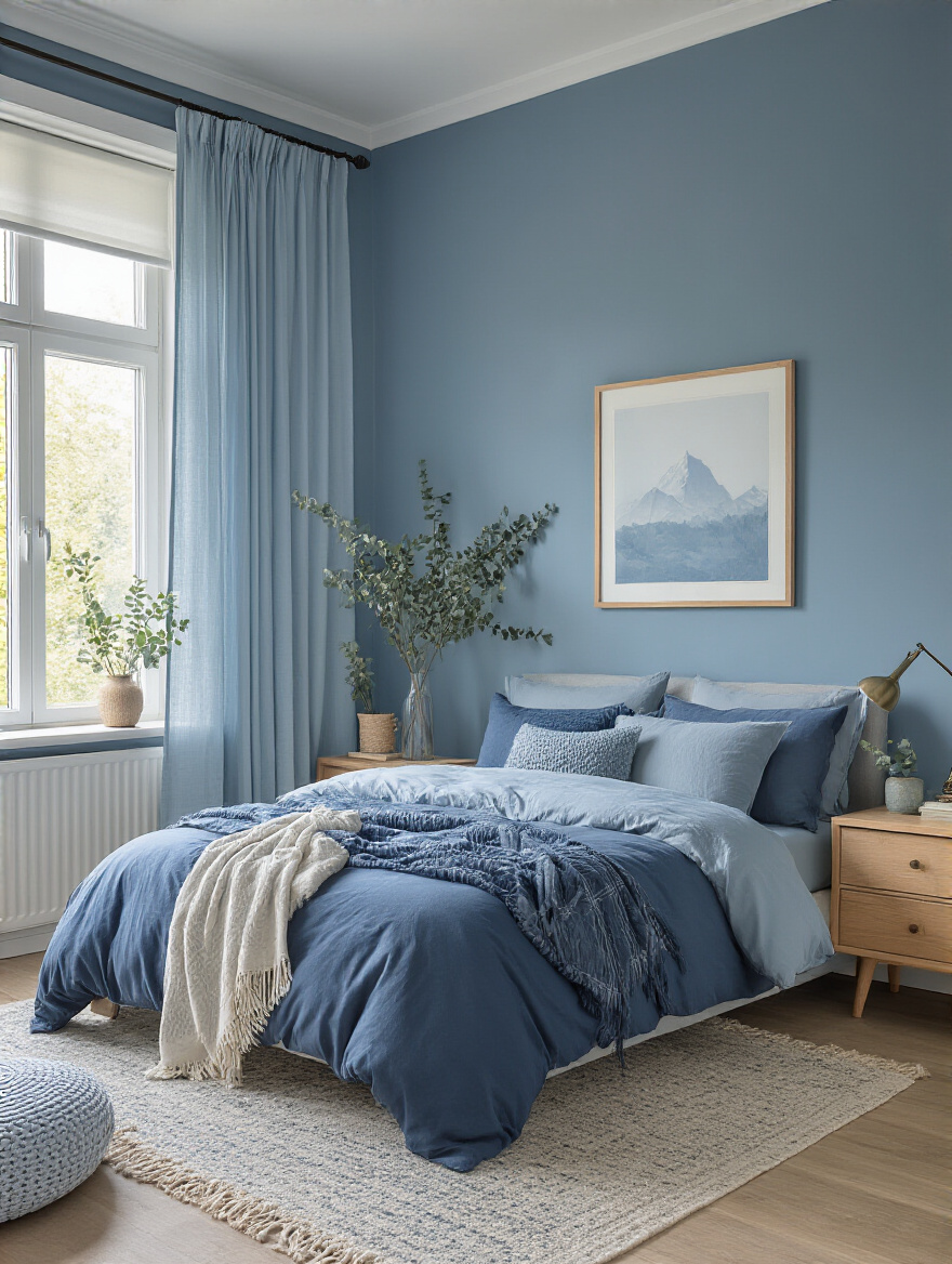 Portrait view of a serene blue bedroom with seasonal blue accents and botanical elements.