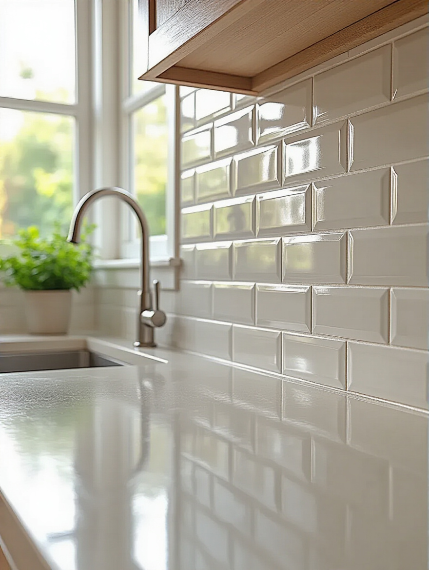 Close-up of a kitchen backsplash with pristine, newly applied white grout lines, showing a restored and clean appearance.