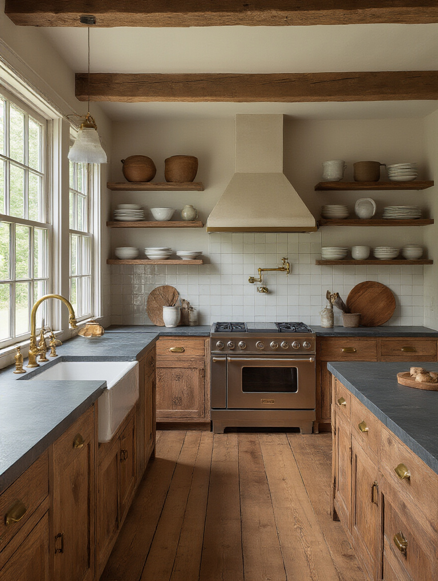 Portrait of a farmhouse kitchen highlighting authentic materials like reclaimed wood, soapstone, and brass hardware