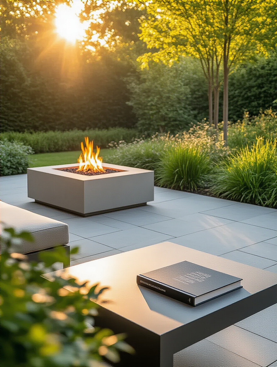An elegantly designed built-in firepit on an outdoor patio, with a subtle hint of architectural plans on a table, symbolizing compliance with firepit regulations and permitting.