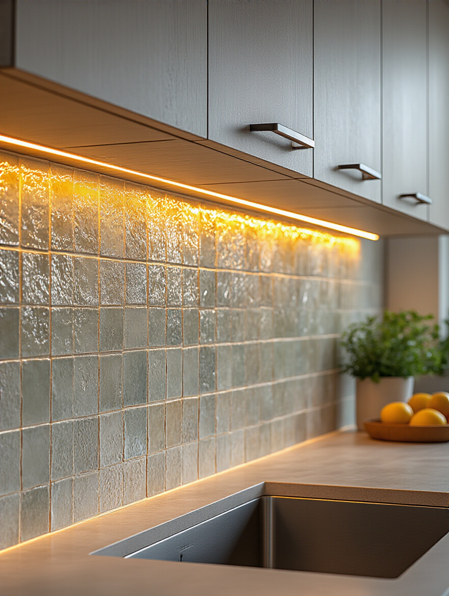 Kitchen backsplash with Zellige tiles, illuminated by warm under-cabinet LED strip lighting, showcasing the texture and subtle shine. Modern kitchen interior design.
