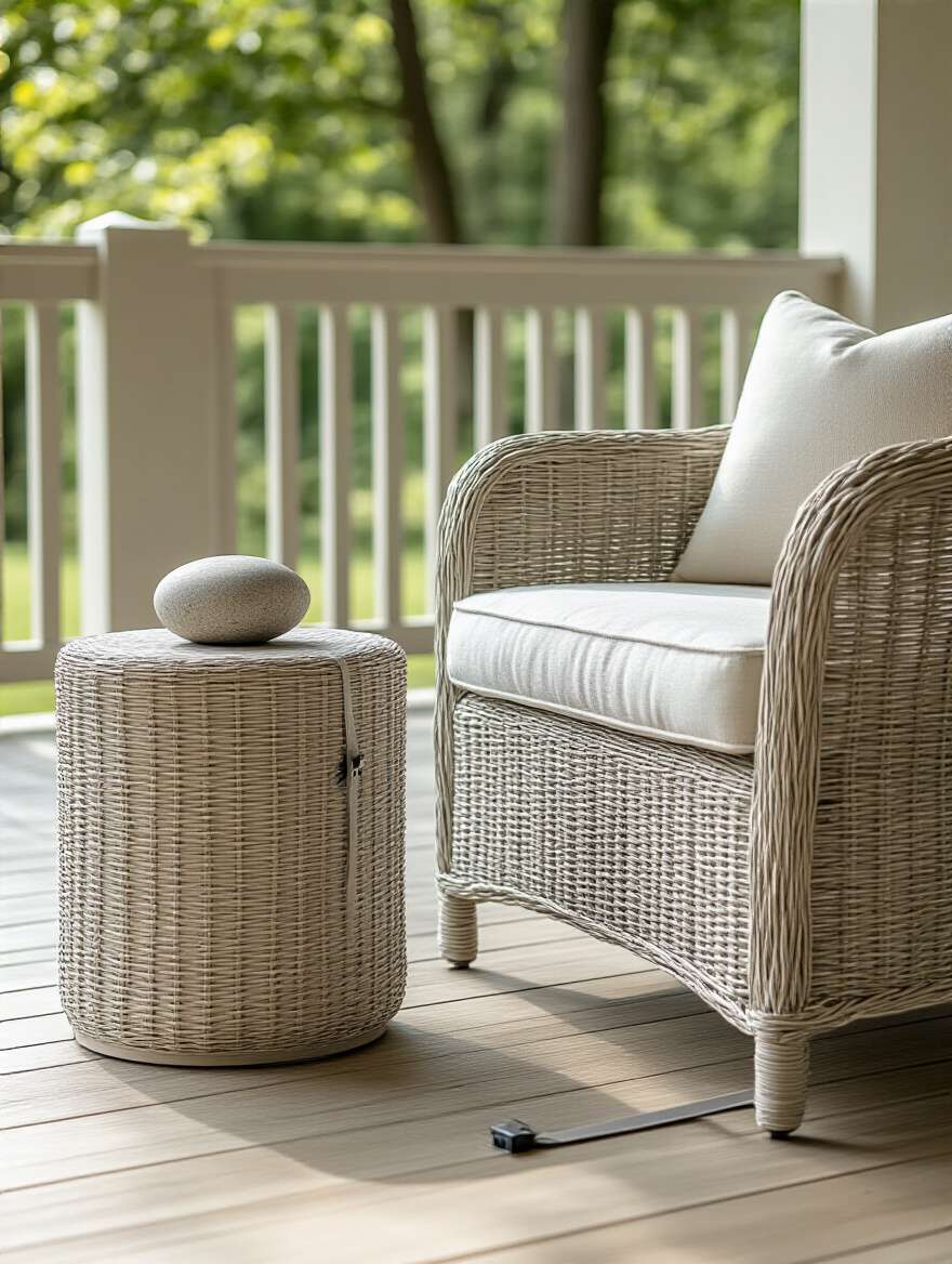 A light wicker armchair on a wooden porch, securely fastened with a ground anchor and strap to prevent wind damage. A weighted side table sits nearby. The scene emphasizes porch furniture security.