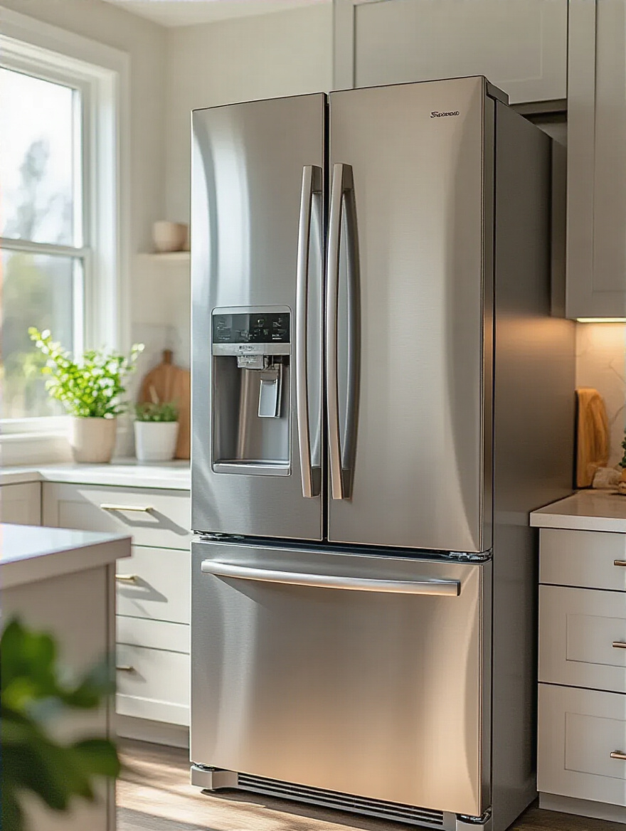 Stylish kitchen with a clean, modern secondhand stainless steel refrigerator, demonstrating cost-effective kitchen renovation.