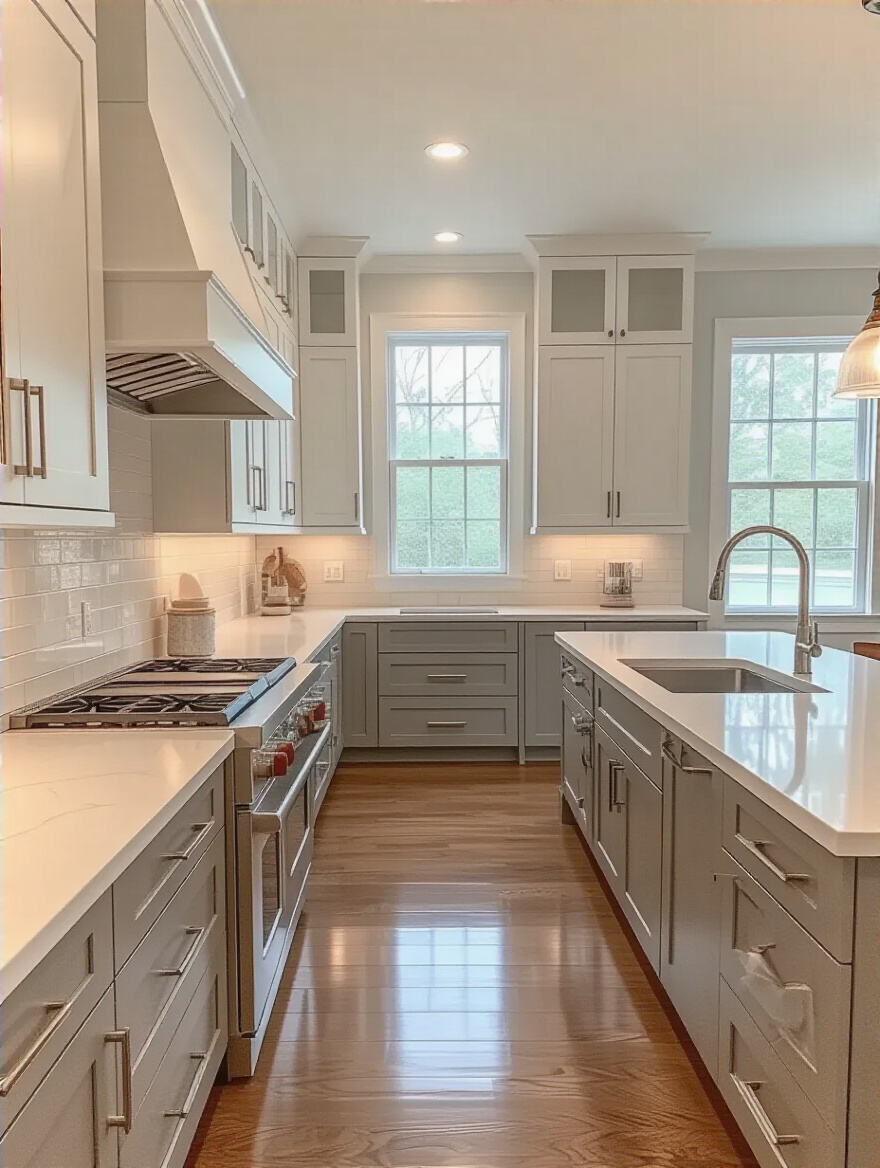 A bright, clean kitchen showcasing an empty backsplash wall above a countertop, illustrating the process of assessing existing kitchen style before selecting a new backsplash for harmony.